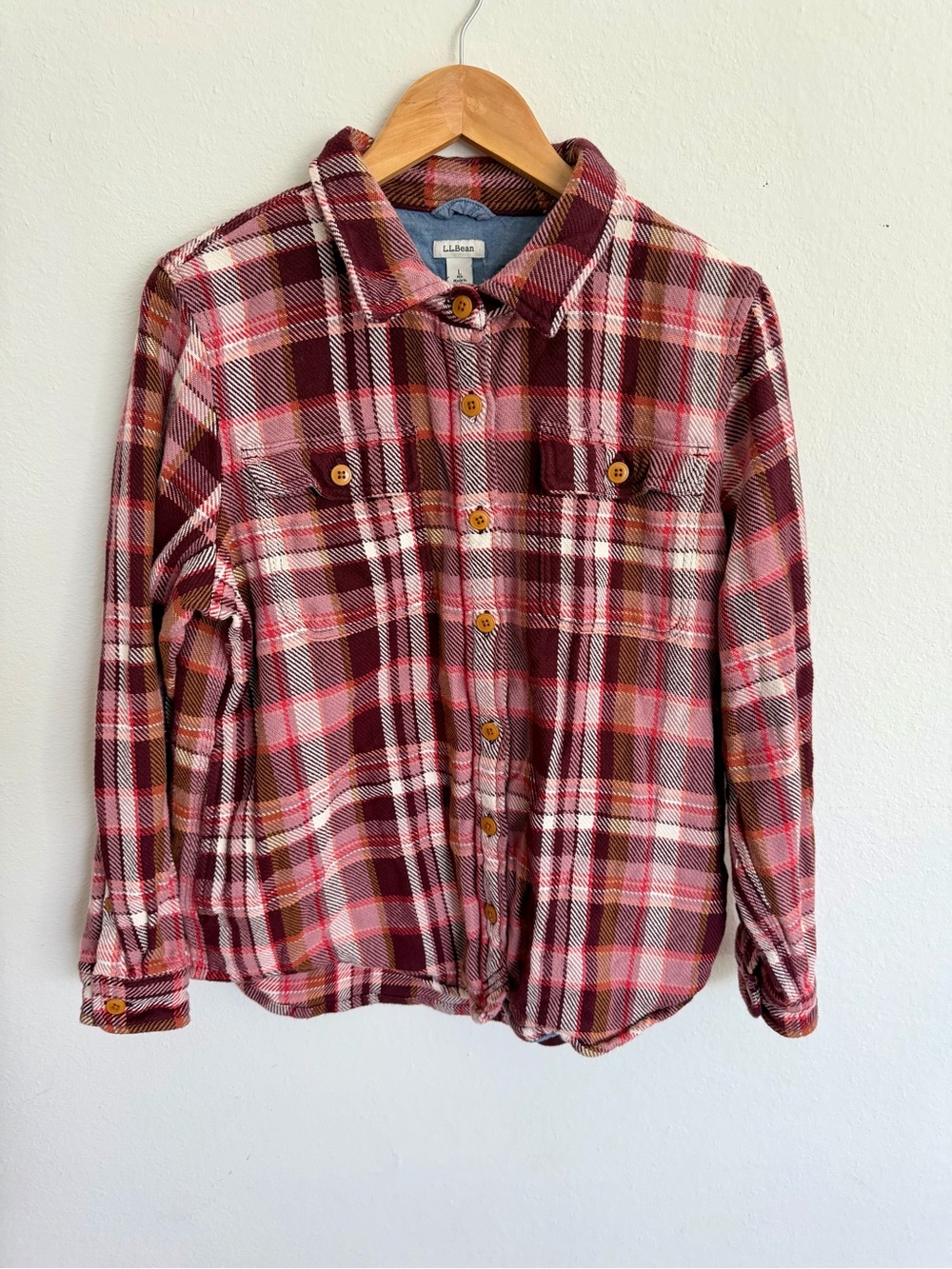 L.L. Bean Red Plaid Button-Front Flannel Shirt 100% Cotton